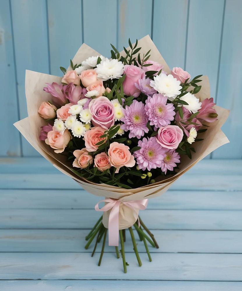 Букет цветов из: Хризантемы, Розы и Альстромерии в Кавказской