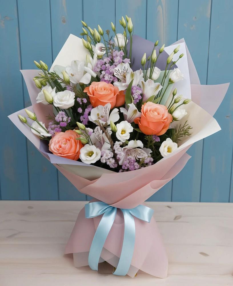 Букет цветов из: Лизиантусы, Розы, Альстромерии и Гипсофила в Кавказской