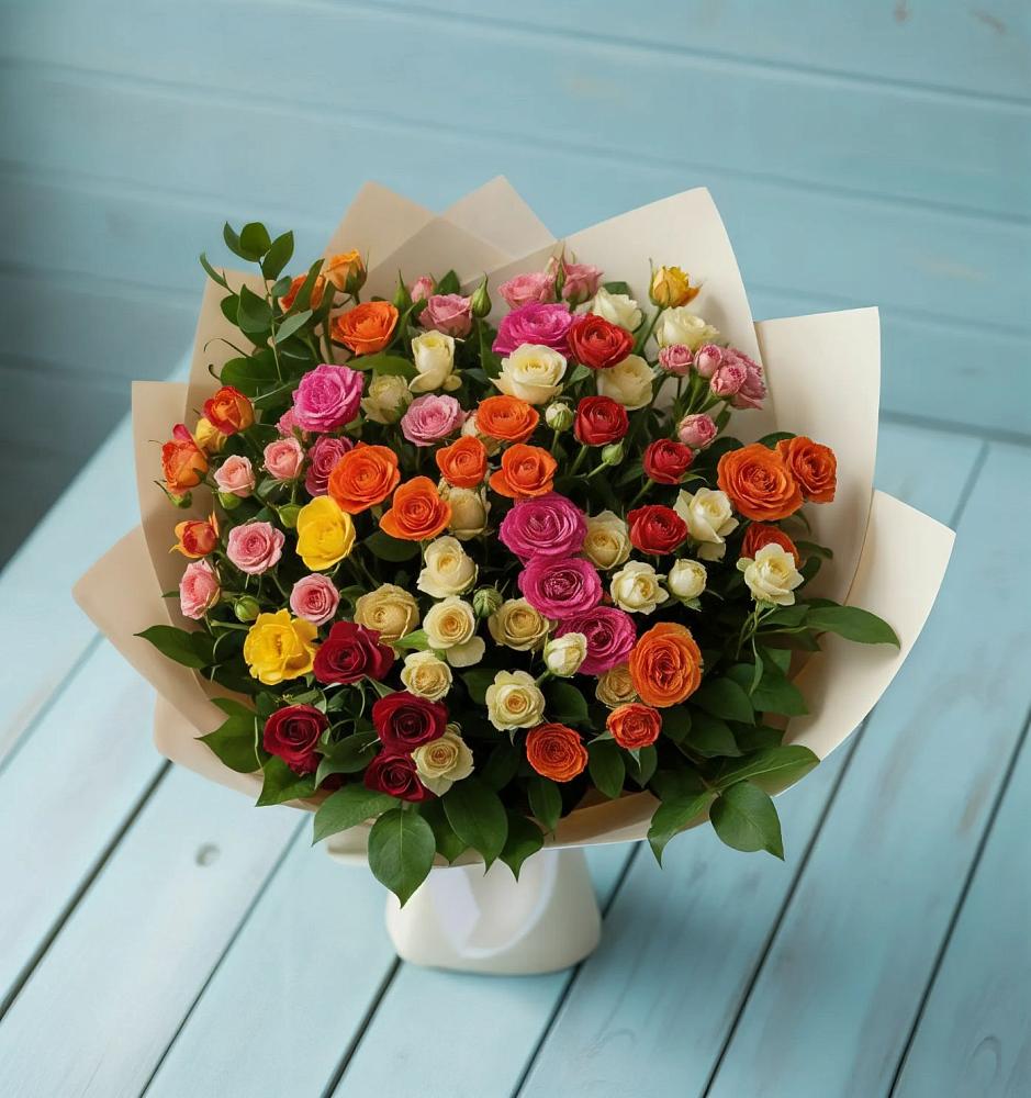 Букет Микс из разноцветных кустовых роз в Кавказской