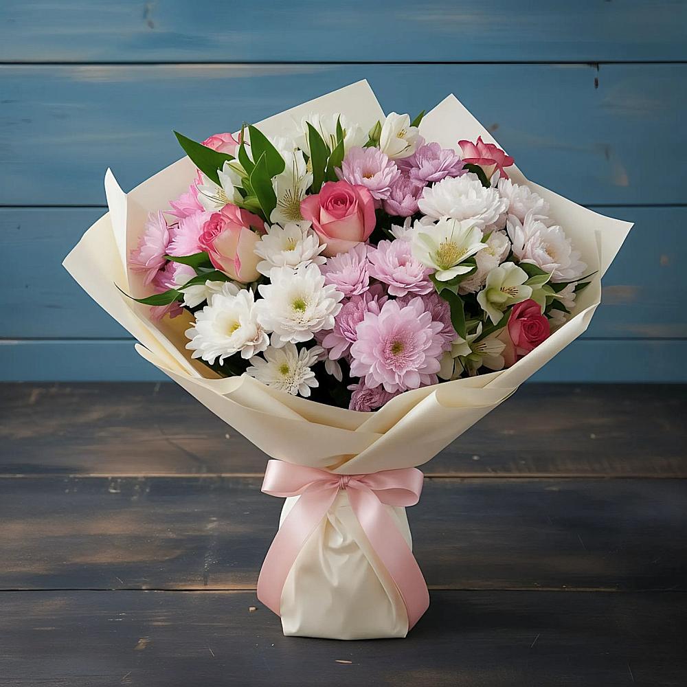 Букет цветов из: Хризантемы, Альстромерии и Розы в Кавказской